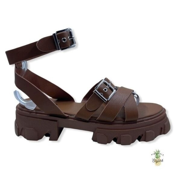 EGO Buckle Ankle Strap Chunky Faux Leather Brown Sandals - Picture 2 of 8